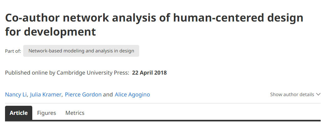 Co-author network analysis of human-centered design for development.